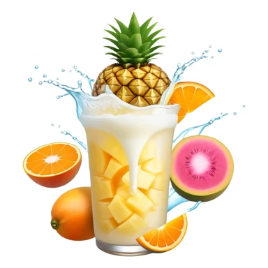 Golden pineapple, orange mango slices, pink papaya pieces, and a swirling white kefir drink floating around a glowing stomach. Light streams flow through the digestive system, showing enzymatic action dissolving blockages. sticker