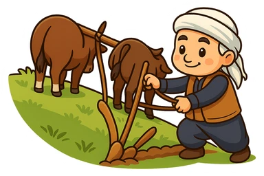 Edit the chibi cartoon sticker to match the exact arrangement of the yoke and traditional plow (نیر و ئامور) between the two cows, just like the new reference image. The farmer should be holding the plow, and the cows should be positioned as in the reference, on a green hillside, in a cheerful and colorful style with a transparent background. sticker