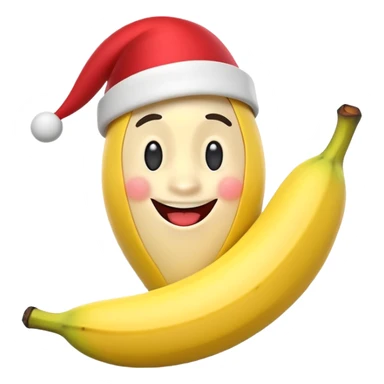 A 3D cartoon banana with a red nose and tiny hat, smiling face, playful pose, Memoji-style. sticker