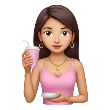 a pretty fair indian bratz girl with a pink cami top, drinking takeaway brown coffee, golden dainty necklace and carrying a white bag sticker