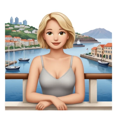 jennifer lawrence, leaning on a balcony with a harbor and cityscape in the background, smiling, closeup portrait  sticker