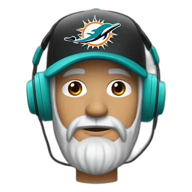 sad grey bearded man wearing a black cap and a headset with a miami dolphins t-shirts sticker