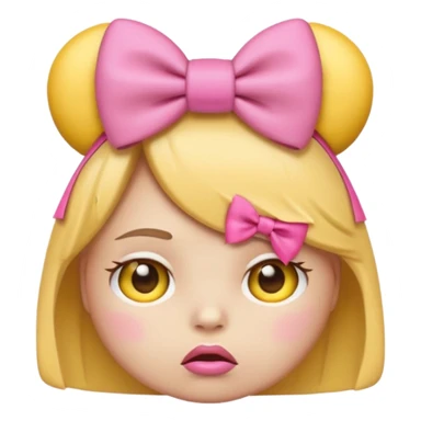 Pouting yellow face emoji with pink bow on head sticker