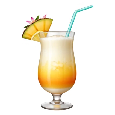 A beautiful cocktail with a creamy white to orange gradient, containing coconut juice and mango, reminiscent of summer. Above, there are tropical flowers, lemon slices, and a straws. sticker
