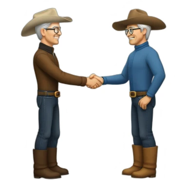 Tim Cook in turtle neck shaking hands with a caucasian cowboy sticker