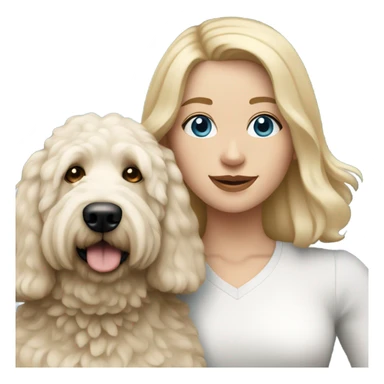 White lady with shoulder length blonde straight hair and blue eyes and her white golden doodle dog sticker