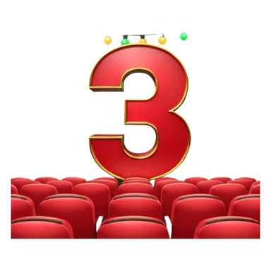A 3D number 3 in a movie theater setting, shiny red surface; bright string lights on the number, the border is green with tiny string lights like stroke ; cinematic glow with subtle haze; glossy, premium Hollywood countdown look; centered composition. sticker