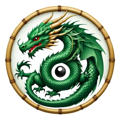 An icon symbolizing Eastern martial arts in the style of an emblem, with a black-and-white Yin-Yang symbol at the center. A dragon is placed on either side, representing strength and wisdom. The design includes bamboo and traditional elements. Transparent background sticker