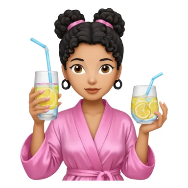 Mixed-race woman with caramel skin, black curly hair tied in a bun, wearing a pastel pink silk robe, holding a glass of infused water with lemon sticker