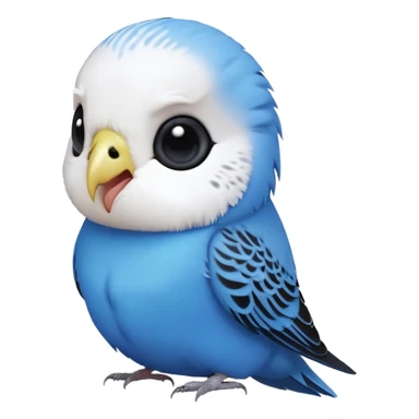 cinematic-cute-blue-budgie-portrait-emoji,-head-tilted-playfully-and-inquisitively,-featuring-a-brilliant-blue-feathered-fur-and white and black feathered face-with-a-natural-sheen,-round,-sparkling-dark-eyes-filled-with-curiosity,-simplified-yet-irresistibly-adorable sticker
