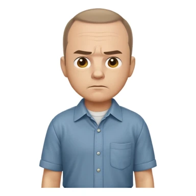 Sling Blade's Carl, serious, chin out, slouched, no glasses, collared shirt, side profile, full body, standing, three-quarter face, head extended forward, emoji style sticker