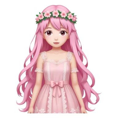 pastel anime woman with pink and white lace dress full body and long hair with flower crown sticker