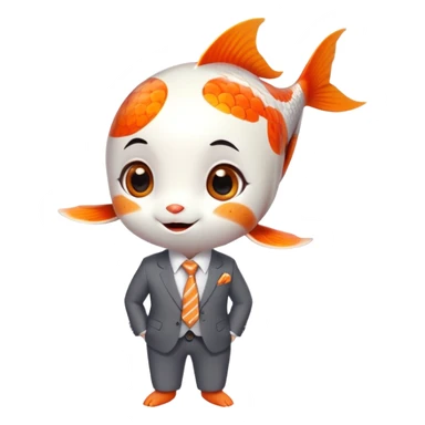 A super cute and fun koi fish character with big anime eyes, rosy cheeks, playful smile, sleek rounded body with orange and white patterns, wearing a neat business suit, white shirt, and tiny tie sticker