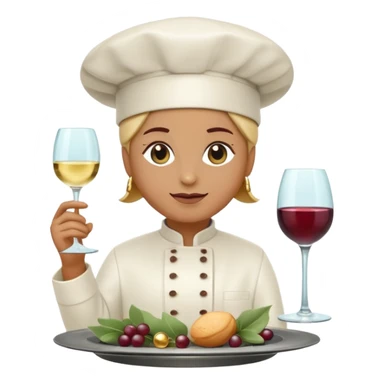 6 luxury catering emojis, 'Epicurea' style: minimalist 3D glassmorphism. Sage, wine, slate colors. Icons: gold chef hat, wine glass, gourmet dish, sparkles, silver tray, 'E' monogram. Clean, professional, transparent BG. sticker