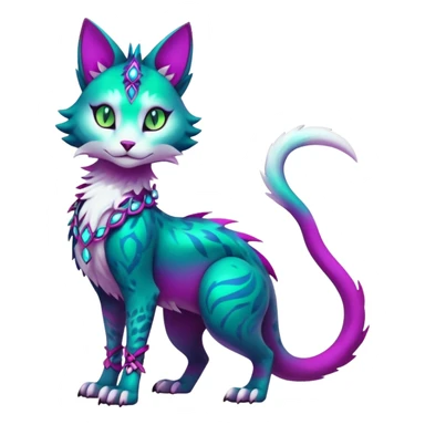 Kawaii colorful iridescent dark-turquoise-green and magenta and white beautiful pretty elegant divine edgy fantasy feline-vernid-sergal-Fakémon-Pokémon-fursona-animal-creature with accessories, full body, with intricate detailed markings sticker