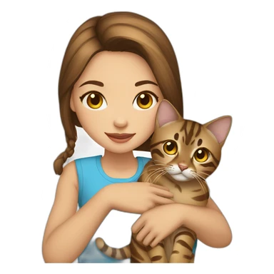 a beautiful girl with brown hair and blue eyes holds a Bengal cat with yellow eyes in her arms sticker