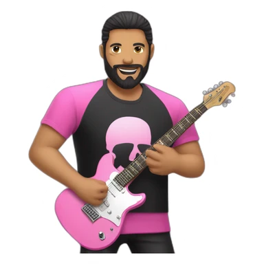 white man with black beard and black t shirt and pink electric guitar sticker