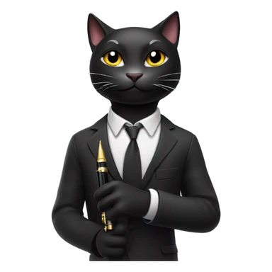 A black, excited male cat with a sleek, cool vibe, holding a large fountain pen with a big smile and bright eyes sticker