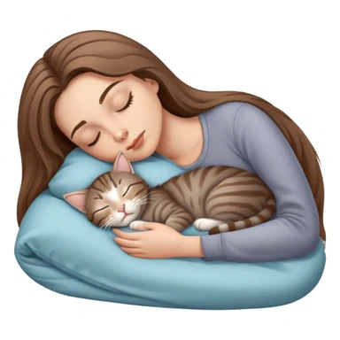 A woman with light beige skin and brown hair sleeping with a gray tabby kitten sticker