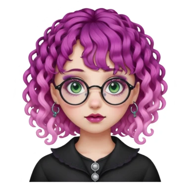 . Gothic girl with pink to violet ombré ringlet curly hair, bangs round glasses, septum piercing, nostril piercing, almond eyes, blueish green eyes,heavy eyeliner,  sticker