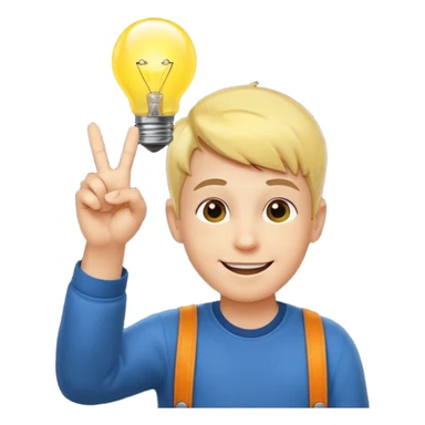 A boy with smily face with victory sign and bulb is glowing above face sticker