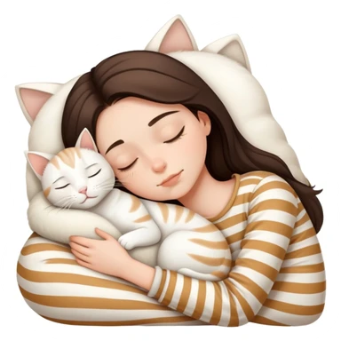 Brunette teenage girl sleeping with white cat with beige stripes sticker