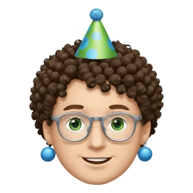 A white guy with curly brown hair and green eyes with a happy face, and wear square black glasses.He’s also got a full silver birthday party hat on his head with blue pom poms on top of it, and his T-shirt is all black, he wears a little gold circle earrings on his left  sticker