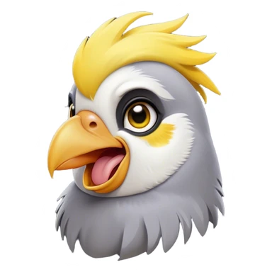 Cinematic Comical Cockatiel Portrait Emoji, Head tilted dramatically with an exaggeratedly amused expression, featuring a striking grey fur with bold yellow accents and a flamboyant crest, wide, expressive dark eyes filled with playful disbelief, Simplified yet hilariously expressive features, highly detailed, glowing with a slightly sassy glow, high shine, dramatic yet playful, stylized with an air of cheeky mischief, bright and endearing, soft glowing outline, capturing the essence of a spirited and over-the-top cockatiel, so meme-worthy it feels like it could side-eye its way into internet fame instantly! sticker