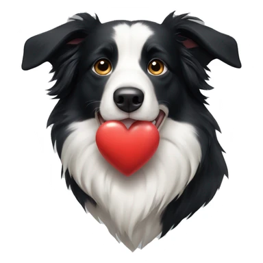 Border collie dog holding a heart sticker