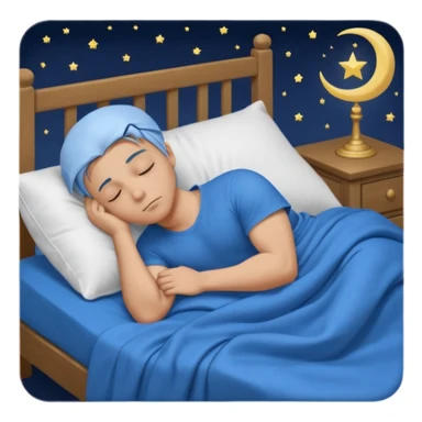 A young muscular male with short dark-blonde hair and medium-light skin, wearing blue cloth. He sleeps on his side, holding a soft white pillow, his head on a smooth blue pillow. A sleeping symbol floats above him in the dark, nighttime scene. A flowing blue blanket with silky folds covers him. sticker