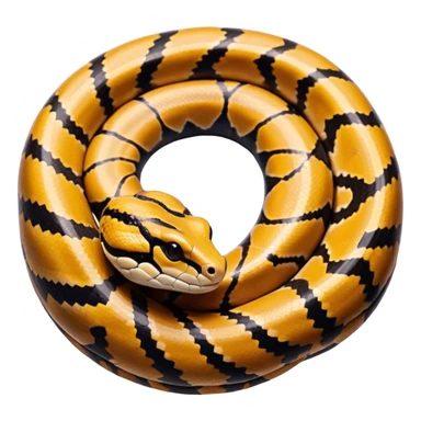 A photo-realistic top-down view of a Ball Python gently coiled into a tight spiral, with its head resting peacefully at the center. Its scales are warm brown with bold, irregular black markings, including the distinctive “alien-head” pattern, flowing smoothly along its body.  sticker