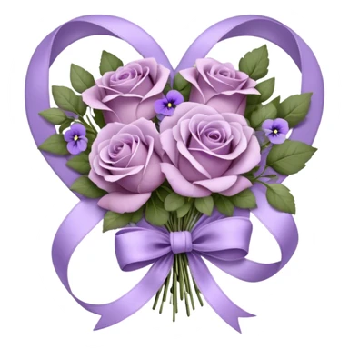 A vintage bouquet of wilted mauve roses, delicate violet pansies, and fragrant lavender sprigs is gently wrapped in soft lilac silk ribbons, tied into a loose, romantic bow, with a small heart-shaped locket resting among the petals, whispering secrets of a love long past sticker