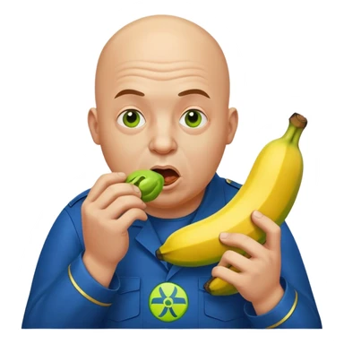 bald a bit fat man in a blue uniform eats a toxic green radioactive banana sticker