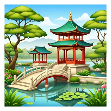 Oriental palace garden with pavilion and pond sticker