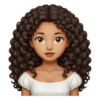 Dark tanned skin girl with very dark brown very big long curly hair, very dark Asian eyes, white dress at boatneck neckline   sticker