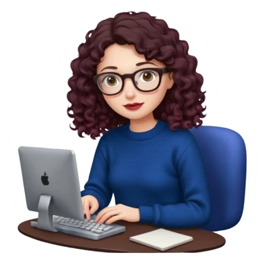 a white young woman with very long wavy dark brown/chocolate hair with curls at the end of her long hair typing in a computer. she's using round glasses, her lips are light red and her cheeks slightly pink. Her eyes are dark brown. She's using a dark blue knit sweater  sticker