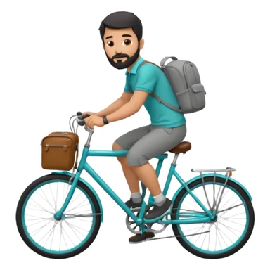 a man with a grey backpack and a torquoise byciycl and he has black shot=rt man hair and a beard with a polo grey shirt and dress pants and hes riding it sticker