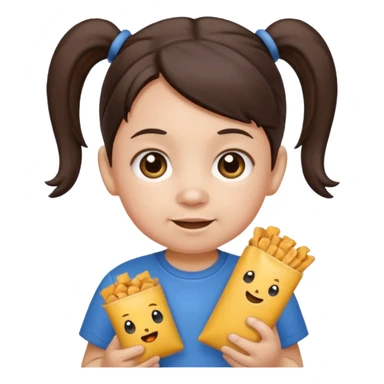 Toddler emoji with two pigtails dark brown hair, fair skin, holding snacks sticker