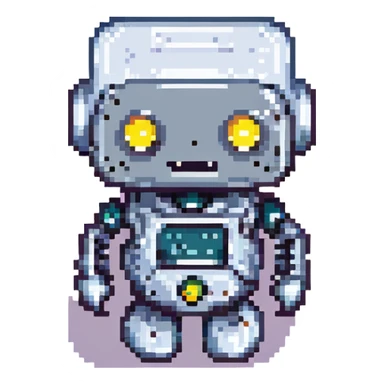 sarcastic robot, pixel art, raised eyebrow, metallic, small grin sticker