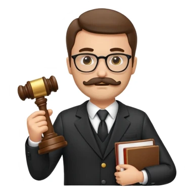 “Create a clean, modern emoji-style illustration of a male lawyer. He is wearing a formal suit jacket. He is holding a judge’s gavel (QUE SE VE DE COSTADO) in one hand and has a law book tucked under his arm. He has a mustache and beard!!, and GLASSES sticker