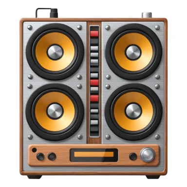 3D render of Speaker Stack, vintage 1980s audio equipment aesthetic, tactile analog buttons, silver metallic face with two large brown magnetic tape wheels, mixed wood grain and brushed aluminum textures, Apple emoji style, isolated on white background --v 6.0 sticker