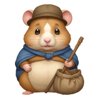 Fat cartoon-style hamster hobo carrying a bindle over its shoulder with a sad expression. sticker