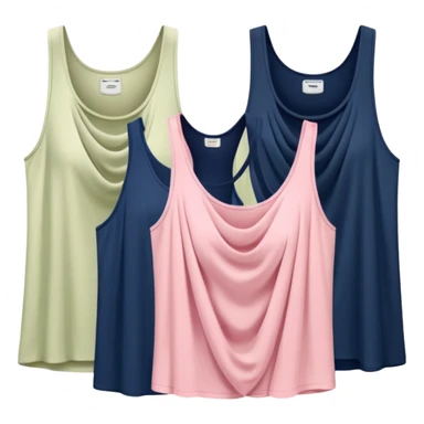 Multiple tank tops, one cream one cream one sage green one navy blue one pink sticker