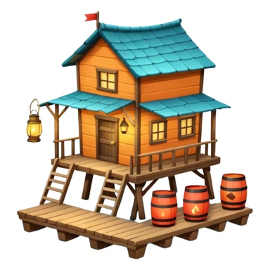 
fisherman house on a wooden pier, small dock, fishing nets hanging, barrels, lantern, ocean vibe, 3D cartoon, cute mobile game icon, clean background, no text
 sticker