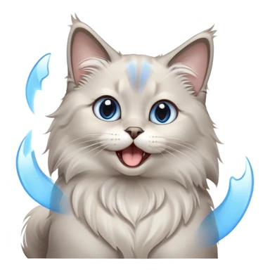 Cinematic Adorable Fluffy Light Grey Mantle Ragdoll Cat Portrait Emoji, Head tilted cutely with big, sparkling blue eyes, soft light grey fur with darker points on the ears, face, and paws, Simplified yet irresistibly adorable features, highly detailed, glowing with a soft, warm glow, high shine, yawning in a peaceful and playful manner, stylized with a touch of whimsy, bright and endearing, soft glowing outline, capturing the essence of a relaxed and loving kitten, so cute it feels like it could leap out of the screen and stretch into a cozy nap! sticker