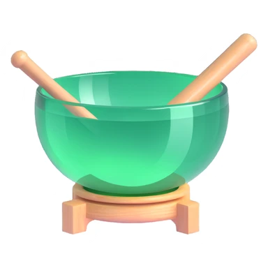green crystal singing bowl with a mallet resting inside, sparkling and translucent, minimalistic style sticker
