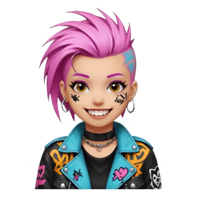 a punk girl with dyed hair and wear a punk graffiti jacket with black choker grin playfully  sticker