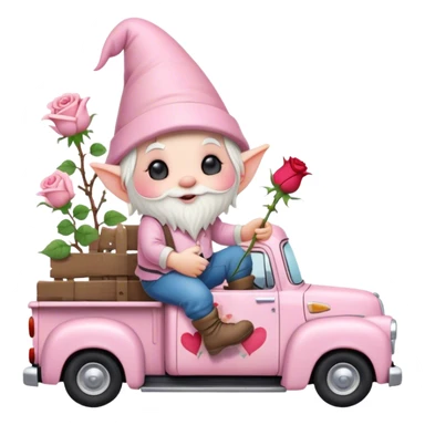 An adorable little pale pink Valentine’s Day style gnome with a rose and hearts in the background riding in the back of a beat up old pick up truck sticker