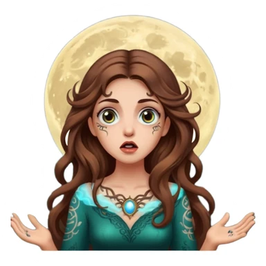 shocked forest mystic woman long wavy brown hair tattoos wide eyes moon glow sticker