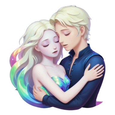 Two lovers surrounded by collapsing magic light, tragic dark fantasy romance sticker